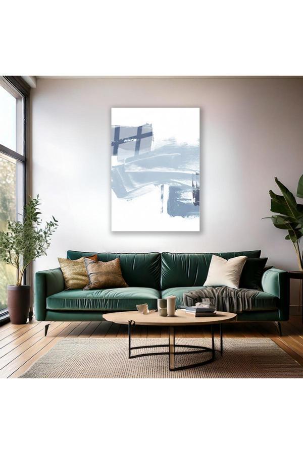 Mavi Beyaz Fırça Darbeleri Cam Tablo Soyut Tasarım Baskı Salon Tablosu - Image 1