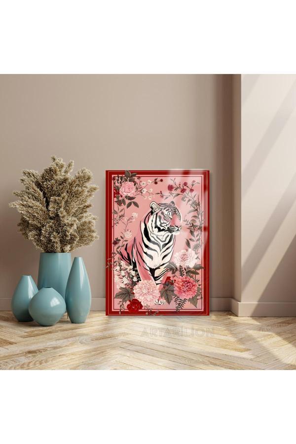 Kaplan ve Pembe Güller Kırılmaz Cam Tablo Dijital Baskı Duvar Tablosu - Image 1