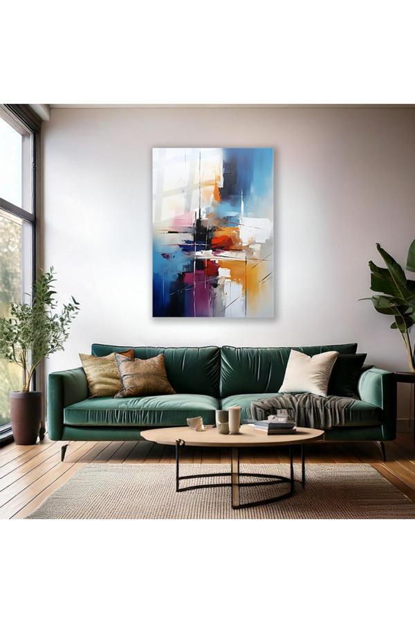 Yağlı Boya Görünümlü Soyut Cam Tablo Renkli Fırça Darbeleri Modern Salon Cam Duvar Tablosu - Image 1
