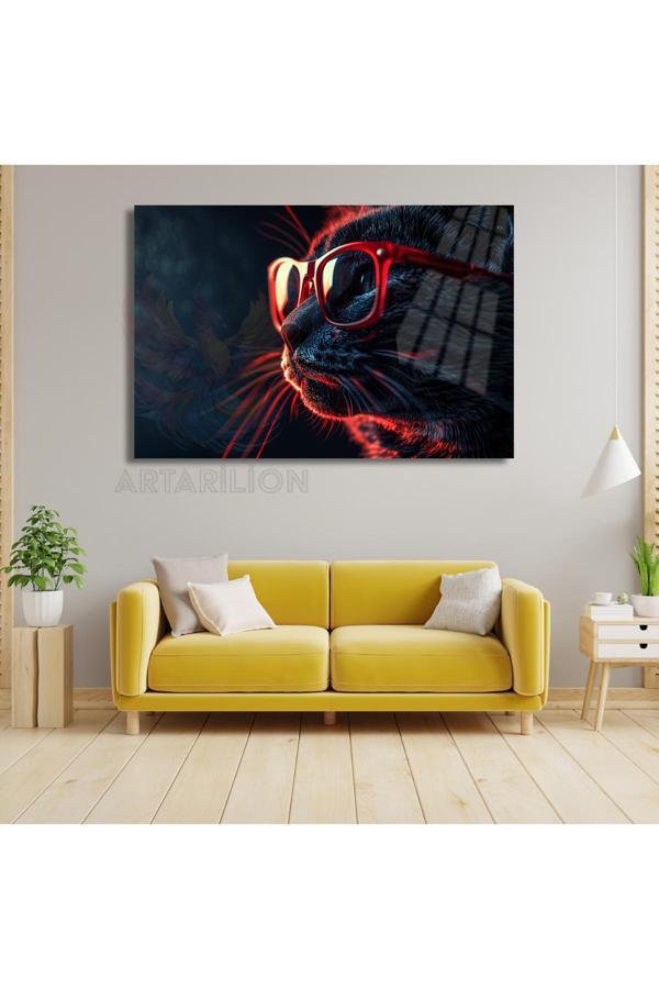 Kırmızı Gözlüklü Kedi Kırılmaz Cam Tablo Dijital Baskı Yüksek Kalite Kırılmaz Cam Tablo Kedi Tablosu - Image 1