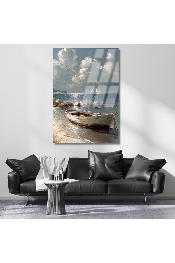 Yağlı Boya Görünümlü Kayık ve Deniz Kırılmaz Cam Tablo Dijital Baskı Tablo - Image 1