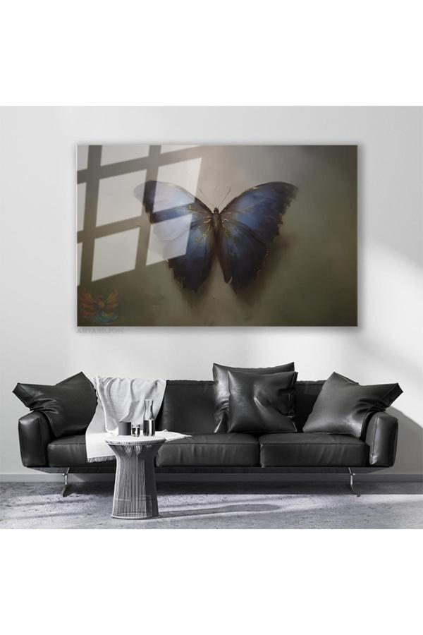 Cam Yatay Duvar Tablosu Cam Mavi Siyah Kelebek Ev Ofis Salon Modern Duvar Tablosu - Image 1