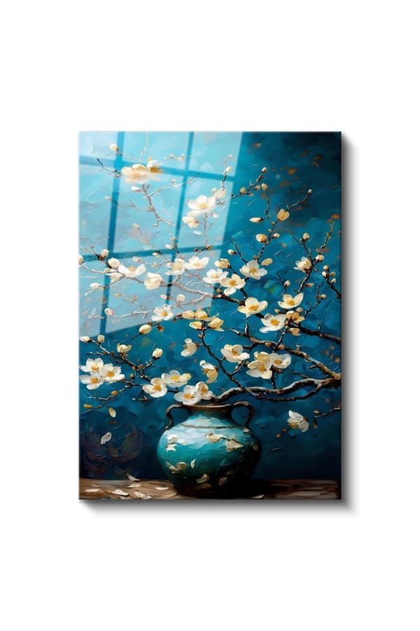 Cam Dikey Duvar Tablosu Cam Mavi Vazodaki Çiçekler Ev Ofis Salon Modern Duvar Tablosu - Image 1