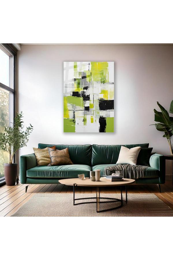 Yağlı Boya Görünümlü Soyut Cam Tablo Yeşil Siyah Fırça Darbeleri Salon Tablosu Duvar Tablosu - Image 1