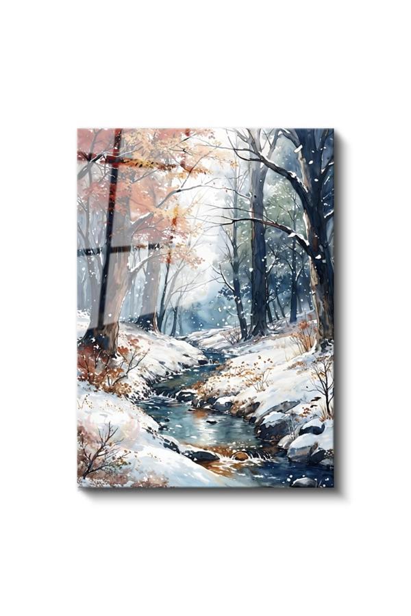 Cam Dikey Duvar Tablosu Cam Nehir ve Karlı Orman Ev Ofis Salon Modern Duvar Tablosu - Image 1