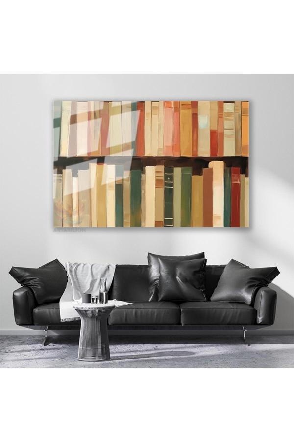 Cam Yatay Duvar Tablosu Cam Kitaplıktaki Kitaplar Ev Ofis Salon Modern Duvar Tablosu - Image 1
