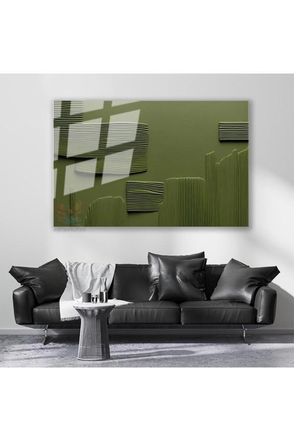 Cam Yatay Duvar Tablosu Cam Yesil Cizgiler Ev Ofis Salon Modern Duvar Tablosu - Image 1