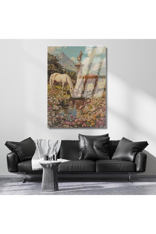 Klasik Görünümlü Su İçen Atlar Kırılmaz Cam Tablo Ev Dekoru Salon Tablosu - Image 1