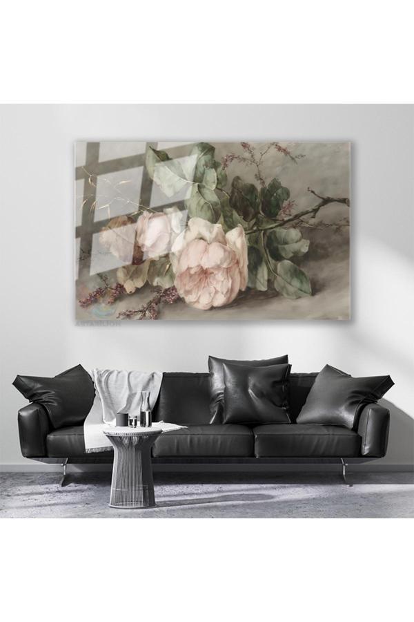 Cam Yatay Duvar Tablosu Cam Vintage Pembe Gul Ev Ofis Salon Modern Duvar Tablosu - Image 1