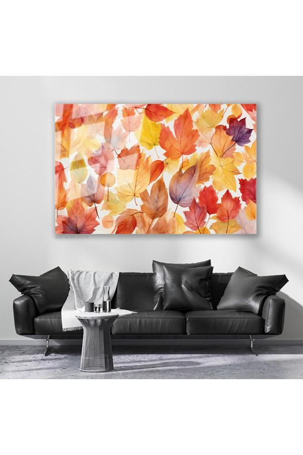 Cam Yatay Duvar Tablosu Cam Sonbahar Yapraklari Ev Ofis Salon Modern Duvar Tablosu - Image 1