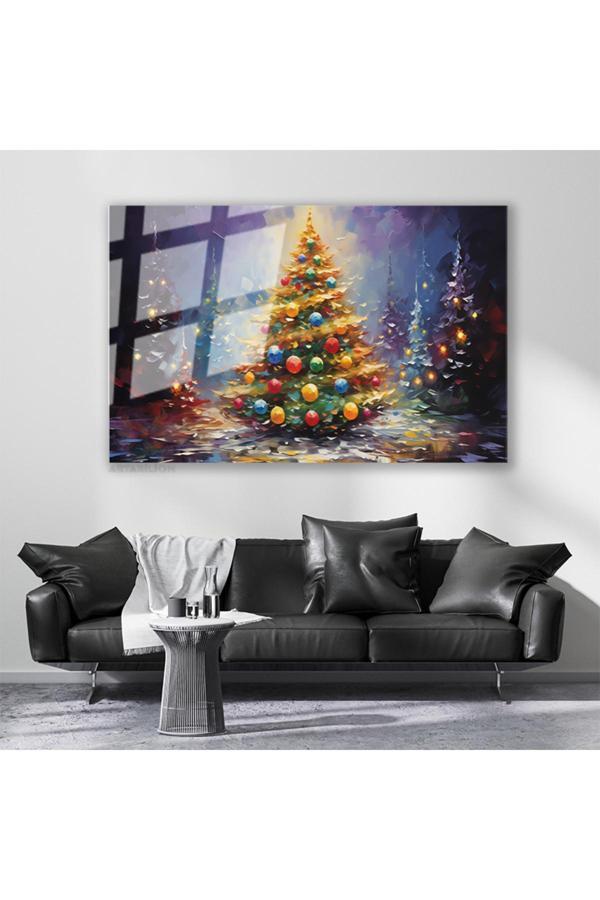 Cam Yatay Duvar Tablosu Cam Yilbasi Agaci Ev Ofis Salon Modern Duvar Tablosu - Image 1