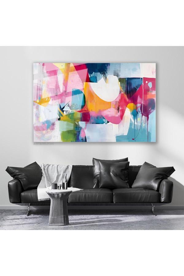 Cam Yatay Duvar Tablosu Cam Renkli Firca Darbeleri3 Ev Ofis Salon Modern Duvar Tablosu - Image 1