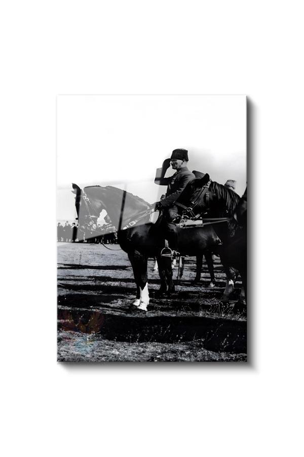 Cam Dikey Duvar Tablosu Cam Siyah Beyaz Atatürk At Üstünde Ev Ofis Salon Modern Duvar Tablosu - Image 1