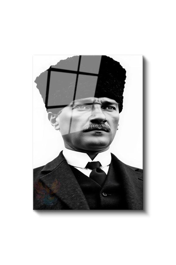 Cam Dikey Duvar Tablosu Cam Siyah Beyaz Atatürk Kalpaklı Ev Ofis Salon Modern Duvar Tablosu - Image 1