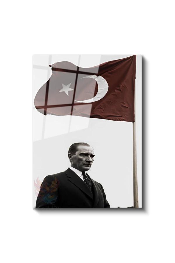 Cam Dikey Duvar Tablosu Cam Bayrak ve Atatürk Ev Ofis Salon Modern Duvar Tablosu - Image 1