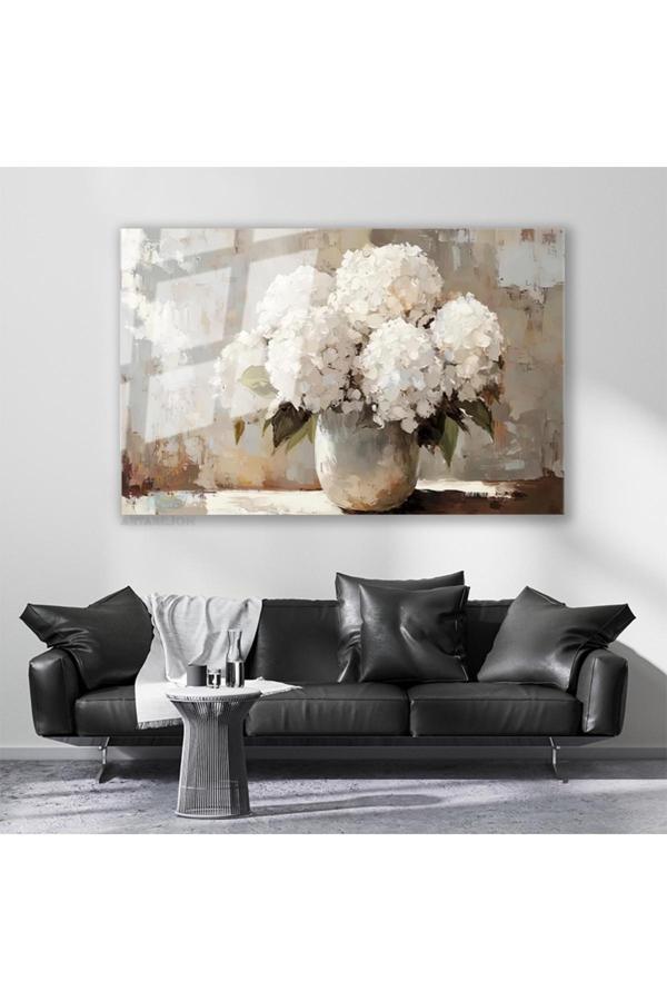 Cam Yatay Duvar Tablosu Cam Vazoda Beyaz Cicekler Ev Ofis Salon Modern Duvar Tablosu - Image 1
