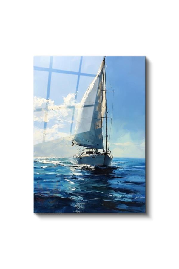 Cam Dikey Duvar Tablosu Cam Yağlıboya Görünümlü Yelkenli Ev Ofis Salon Modern Duvar Tablosu - Image 1