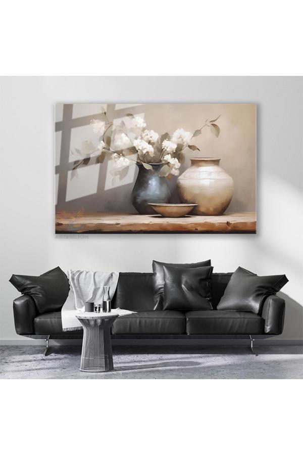 Cam Yatay Duvar Tablosu Cam Vazoda Beyaz Cicekeler4 Ev Ofis Salon Modern Duvar Tablosu - Image 1