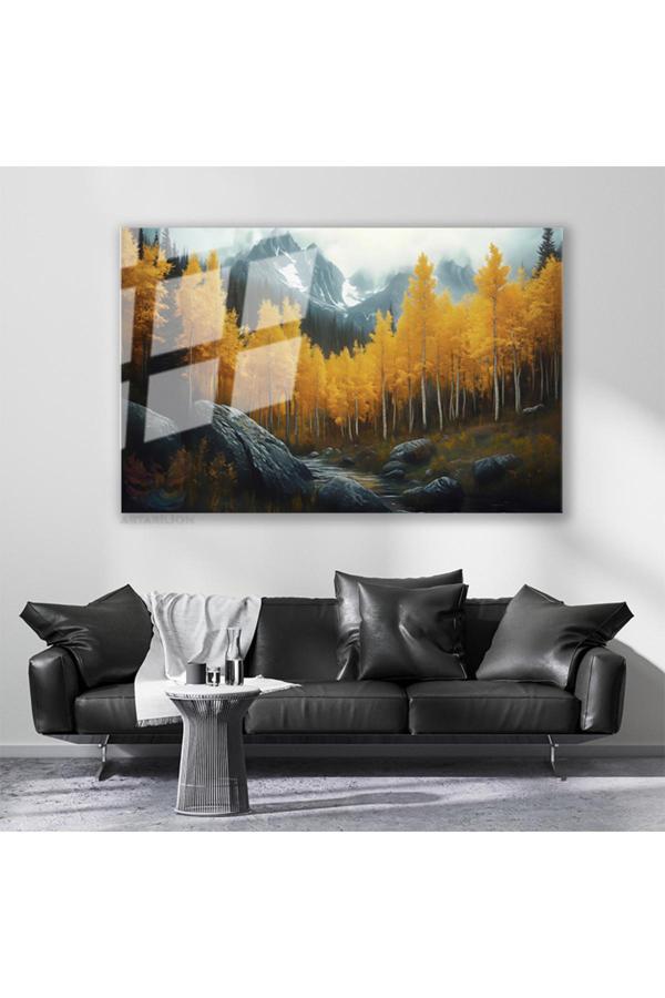 Cam Yatay Duvar Tablosu Cam Sonbahar Manzarasi3 Ev Ofis Salon Modern Duvar Tablosu - Image 1