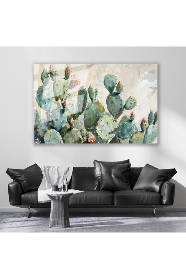 Cam Yatay Duvar Tablosu Cam Yesil Kaktusler Ev Ofis Salon Modern Duvar Tablosu - Image 1