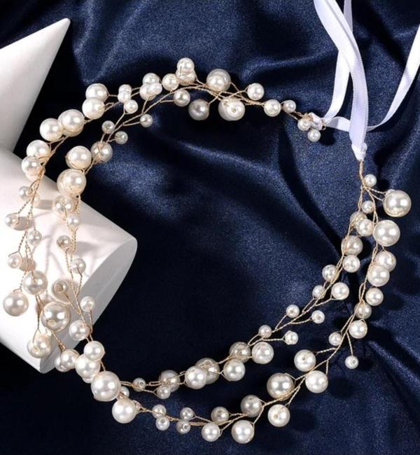 Eflamel Design Kristal Beyaz Taşlı Incili Gelin Tacı Saç Aksesuarı, Nikah,düğün,kına,nişan Tacı Saç Aksesuarı 60cm - Image 1