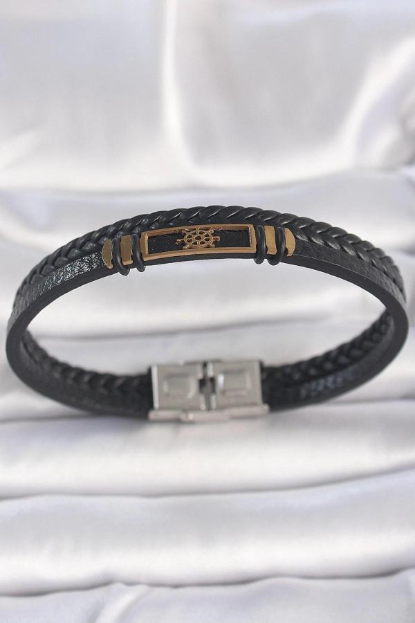 316L Çelik Gold Renk Gemi Dümeni Aksesuarlı Çift Sıra Burgu Desenli Deri Kordon Erkek Bileklik - Image 1