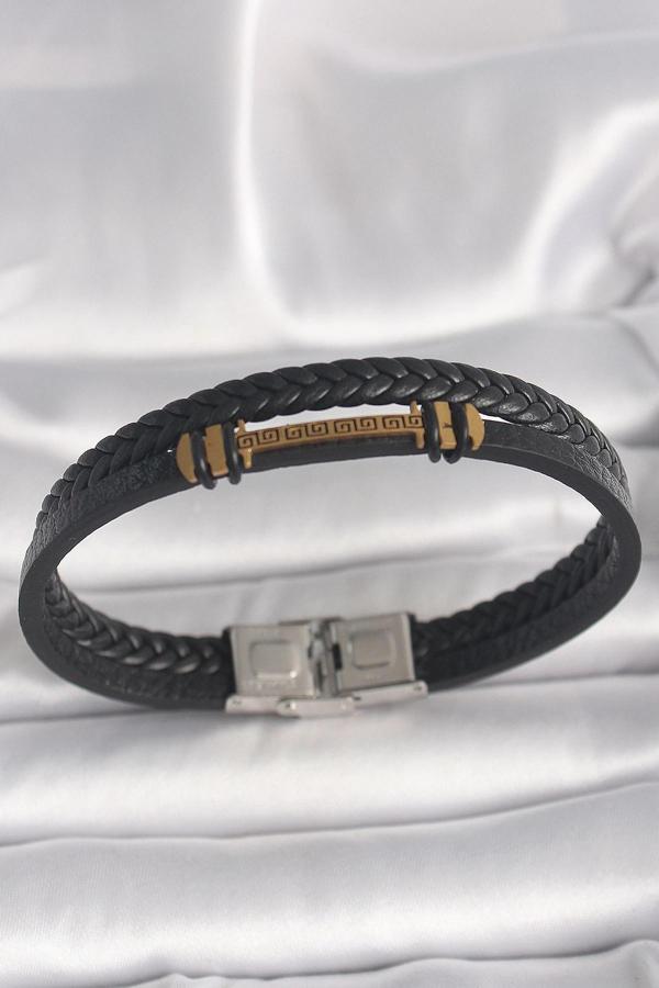 316L Çelik Gold Renk ZikZak İşlemeli Aksesuarlı Çift Sıra Burgu Desenli Deri Kordon Erkek Bileklik - Image 1