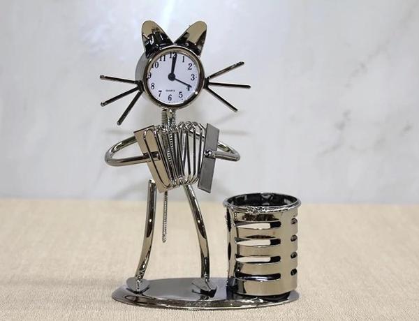 Metal Akordiyon Çalan Kedi Müzisyen Saat Ve Kalemlik Alk4344 - Image 1