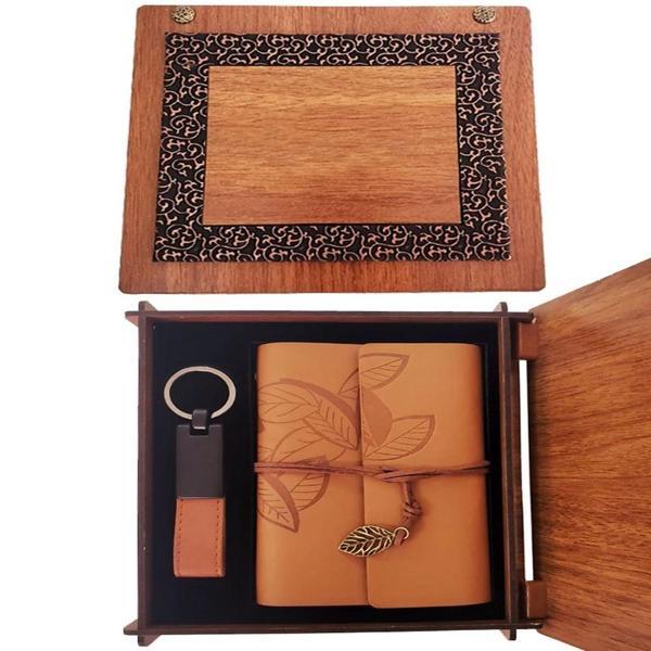 Ahşap Kutulu Taba Renk Deri Defter Anahtarlık Set - Image 1