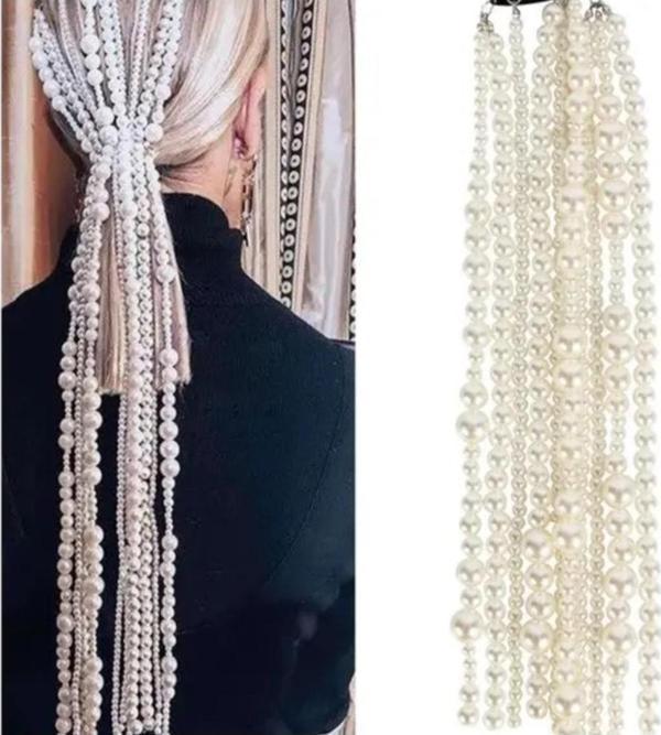Eflamel Design Kristal Taşlı Incili Gelin Tacı Beyaz Saç Zinciri Saç Aksesuarı, Nikah,düğün,kına,nişan Tacı - Image 1