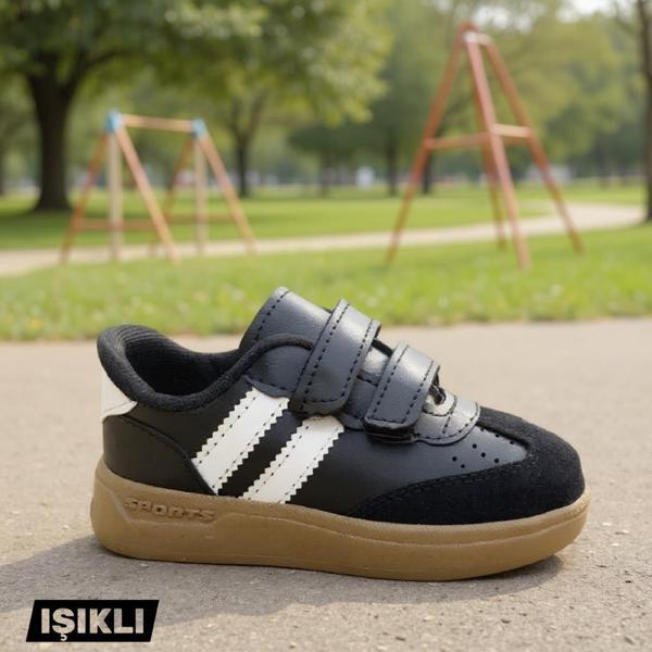 Günlük Unisex Çocuk Şeritli Siyah Beyaz Işıklı Sneaker Cırtlı Hafif Rahat Spor Ayakkabı - Image 1