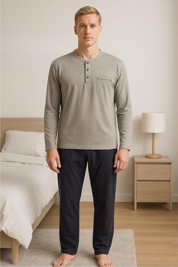 Gd Goldoremi 28301 Erkek 4 Mevsim Rahat Pamuklu Süprem Kumaş Uzun Kollu Pijama Takım - Image 1