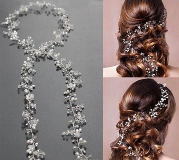 Eflamel Design Kristal Taşlı Incili Gelin Tacı Saç Aksesuarı Sarmaşık Nişan , Düğün , Kına , Nikah Tacı 135cm - Image 1