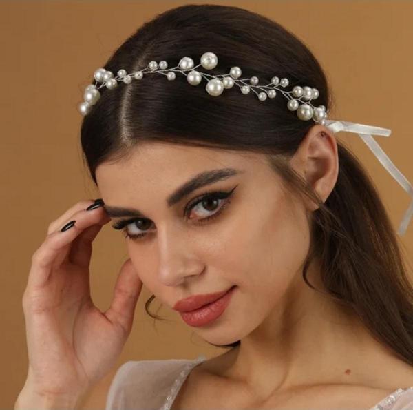 Eflamel Design Kristal Taşlı Incili Gelin Tacı Saç Aksesuarı, Düğün,kına,nikah,nişan Tacı Saç Aksesuarı 60 Cm - Image 1