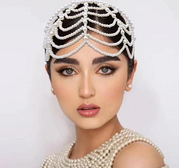 Eflamel Design Kristal Taşlı Incili Gelin Tacı Saç Aksesuarı, Nikah,düğün,kına,nişan Tacı Beyaz Saç Aksesuarı - Image 1