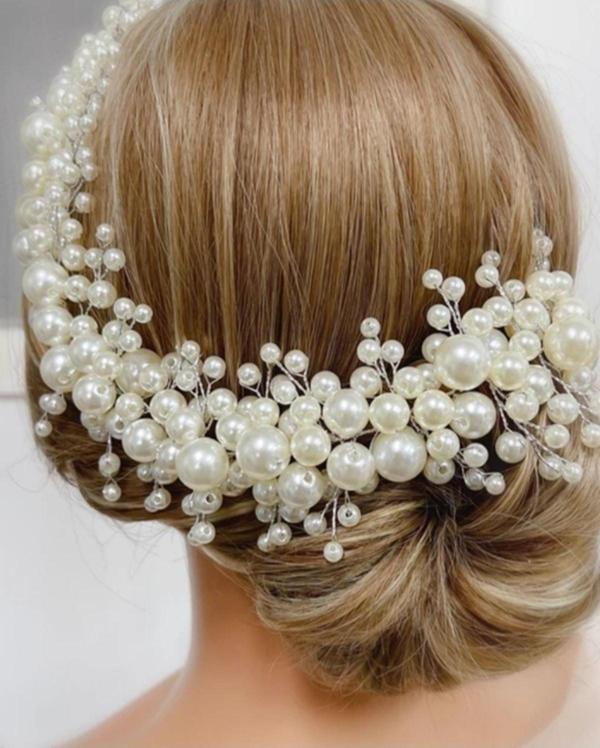 Eflamel Design Kristal Taşlı Incili Gelin Tacı Saç Aksesuarı, Nişan, Düğün,kına,nikah,tacı Saç Aksesuarı - Image 1