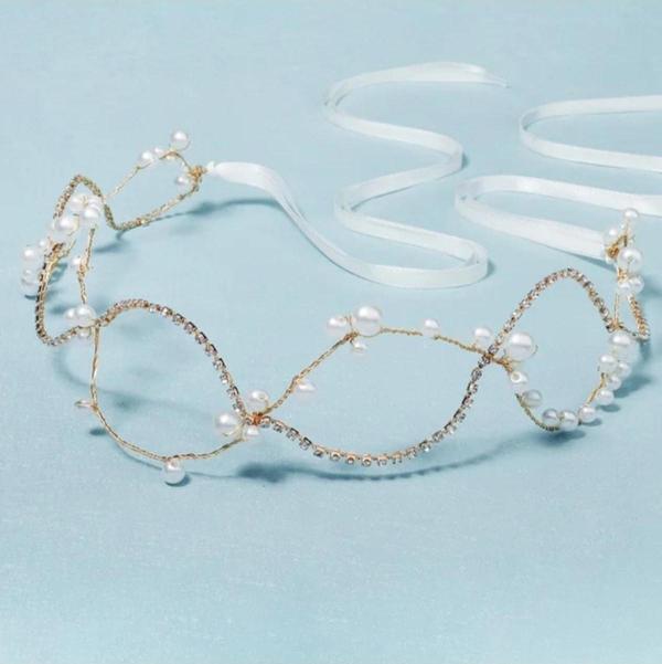Eflamel Design Kristal Taşlı Incili Gelin Tacı Saç Gold Aksesuarı, Nikah,düğün,kına,nişan Tacı Beyaz - Image 1