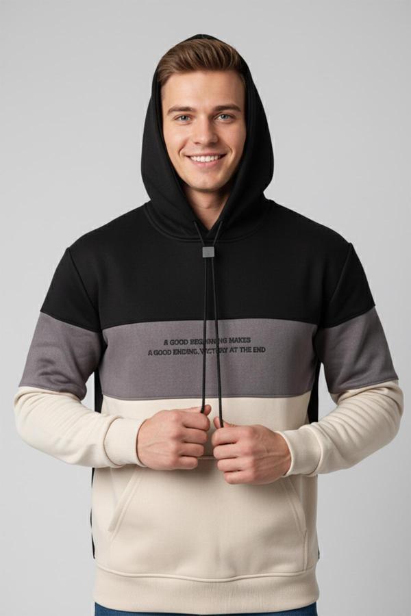DeepSEA Erkek Siyah-Gri Dar Kesim Süet Kumaş Sweatshirt – Kapüşonlu & Şık Tasarım Sweatshirt 2608510 - Image 1