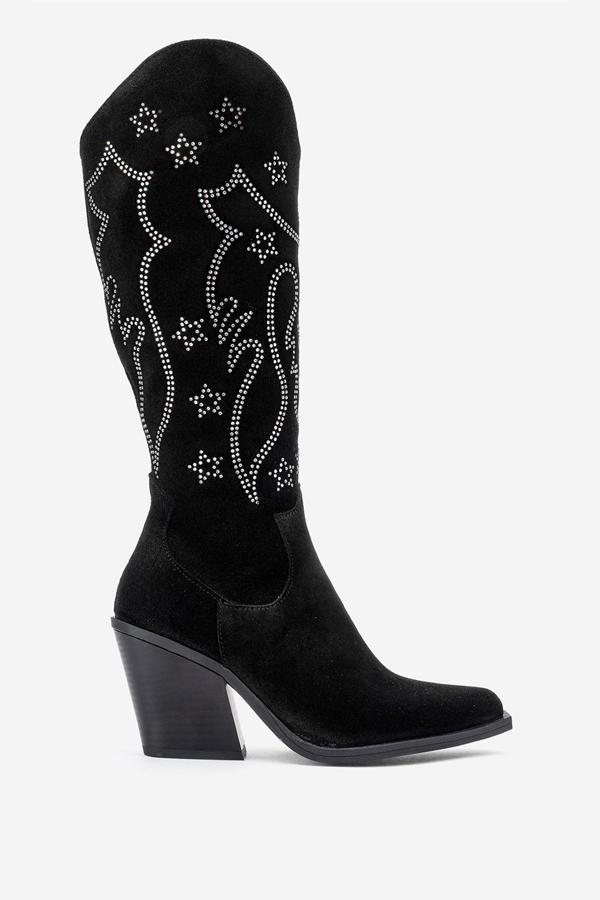 DERİCLUB Kadın Yüksek Topuk Sivri Burun Çizme Gerçek Süet Deri ZY 1609 SİYAH - Image 1