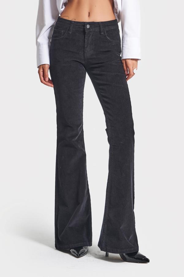 Kadın Siyah Renk 26w5-1 Low Waist Flare Fit İnce Fitilli Velvet Kadife Kumaş Pantolon - Image 1