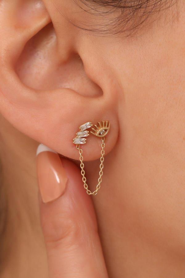 14 Ayar Altın Taşlı Göz Sallantılı Küpe Tekli - Image 1