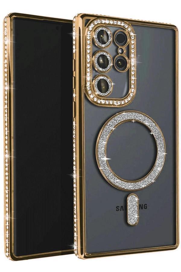 Samsung Galaxy S25 Ultra Kılıf Joke Simli Magneticsafe Kılıf - Gold-(5796) - Image 1