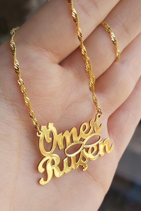 925 Ayar Gümüş 24 Ayar Altın Kaplama 2 İsimli Kolye - Image 1