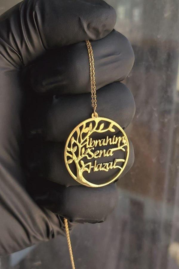 925 Ayar Gümüş 24 Ayar Altın Kaplama İsimli Hayat Ağacı Kolye - Image 1