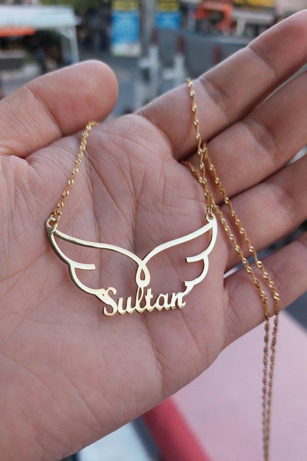 925 Ayar Gümüş 24 Ayar Altın Kaplama Kanatlı İsim Kolye - Image 1