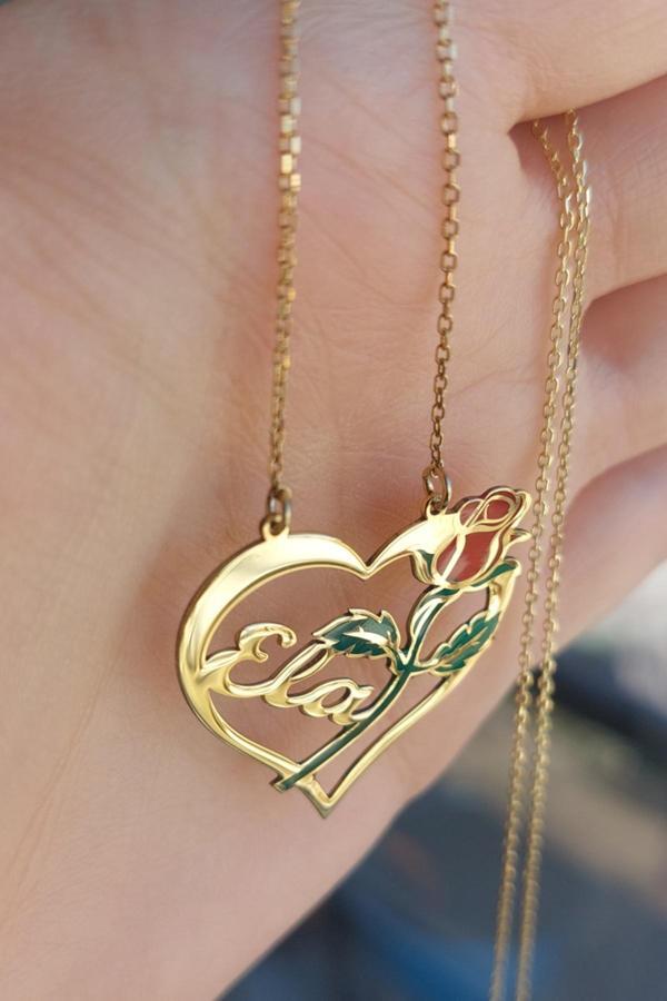 925 Ayar Gümüş 24 Ayar Altın Kaplama İsimli Kalpli Gül Kolye - Image 1
