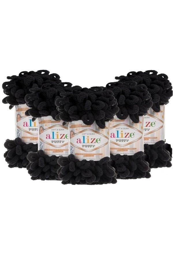 Alize ( 5 Adet ) Puffy (1060) Siyah El Örgü Iplikleri Panduf Battaniye Ipi Atkı Hırka Paspas Ipliği - Image 1