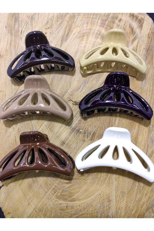 Platin Hediyelik 6 Adet Kahve Renkli Küçük Boy Delikli Yarım Ay Mandal Toka Kadın Saç Tokası - Image 1