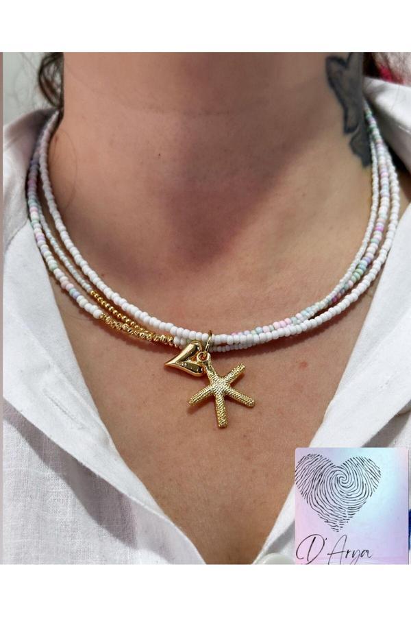 Darya Dd46 Renkli Beyaz Üçlü Gold Deniz Yıldızı Kalp Charm ‘Lı Katmanlı Tasarım Kolye - Image 1