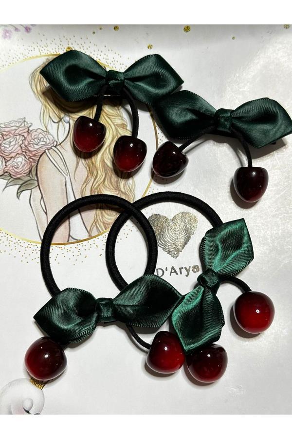 Darya Dd422 Saten Yeşil Kurdeleli Cam Kiraz Saç Lastiği (4’Lü Set) - Image 1